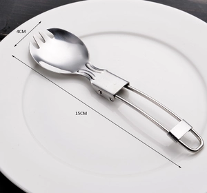 Detail of a foldable stainless steel spork showing dimensions 15cm length and 4cm width