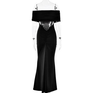 Detail view of the black strapless dress with waist cut-out and elegant ruched texture