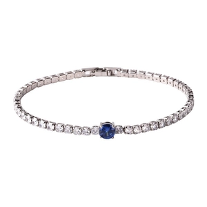 Tennis bracelet with silver metal base, white cubic zirconia and a central blue stone