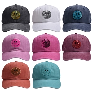 Vintage washed baseball cap set with sequin smiley face patch in 8 assorted colors