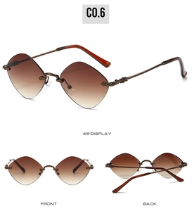 Three-way view of rimless diamond-shaped sunglasses with gradient brown lenses and metal temples