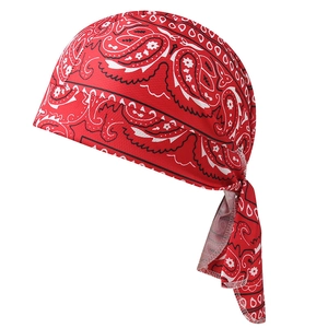 Detail of red paisley cycling bandana cap showing breathable mesh fabric and tie-back design