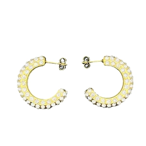 Retro 18k gold plated C-shaped hoop earrings with pearls and pave crystals on white background