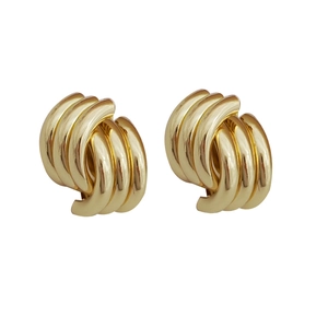 Golden woven texture hoop earrings with spiral twisted design in polished metal finish
