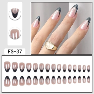 30pcs electroplated black French tip almond press-on nails with nude base for women