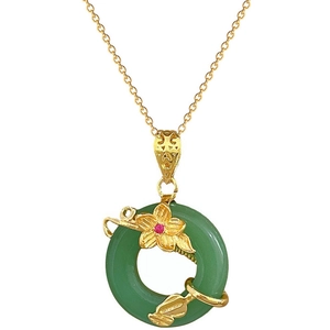 Titanium steel flower jade pendant necklace with gold chain and pink crystal accent