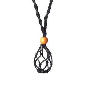 Handmade black woven mesh pouch necklace for crystals with adjustable wooden bead
