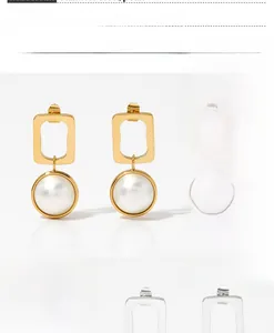 Detailed PVD plated geometric rectangular earrings with white pearls and 316L steel texture