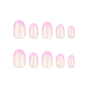 Short round French tip press-on nails in rose pink and nude finish, 10 piece set