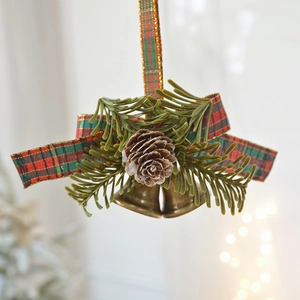 Christmas bell ornament with pine cones, pine needles and red plaid ribbon bow decoration