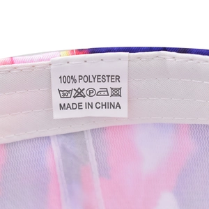 Detail of 100% polyester wash label on star gradient baseball cap made in China