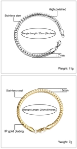 Detail view of 5mm and 7mm stainless steel curb chains in silver and gold finishes