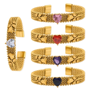 Romantic stainless steel rose cuff bracelets with colorful heart-shaped gemstones in gold
