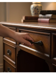 Detailed view of black cast iron vintage leaf handle on a dark wood drawer surface