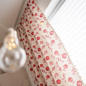 Linen Christmas curtain with red candy cane patterns and tassel edges for windows