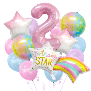 Pink number 2 foil balloon set with round Happy Birthday stars and colorful latex balloons