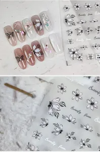 Détail de stickers 3D gaufrés papillon et fleurs sur une manucure rose et blanche