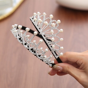 Elegant silver crown headband featuring white pearls and sparkling rhinestones for women