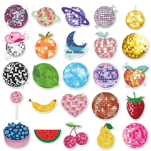 50pcs shiny disco ball stickers set with glittery fruits and hearts for laptop decor