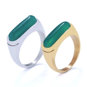 Vintage polished metal ring with rectangular green stone inlay for men and women