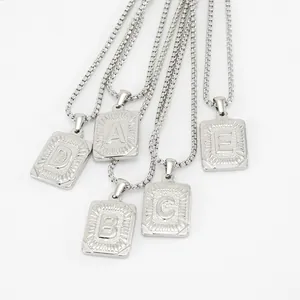 Square Letter Pendant Necklace 18K Gold Plated Stainless Steel Radiant Sunburst Texture Minimalist Initial Jewelry For Women Men