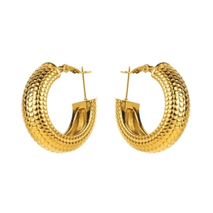 Detail of gold C-shaped hoop earrings with vintage embossed scale texture and chunky design