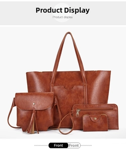 Front view of a 4-piece vintage brown oil wax leather bag set including a tote and clutch