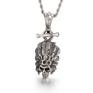 Silver steel Indian chief skull pendant with feather headdress on a woven metal chain