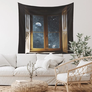Detailed close-up of Bohemian starry universe window tapestry for living room wall decor