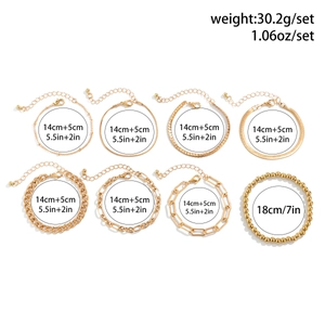 Detailed view of 8-piece gold alloy bracelet set with various chain styles and dimensions