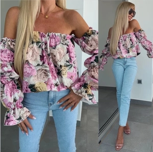 Camicetta da Donna con Spalle Scoperte e Stampa Floreale a Maniche Lunghe a Sbuffo con Volant Top Casual per Vacanze