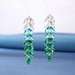 Elegant gold leaf earrings with marquise-cut gradient green cubic zirconia crystals