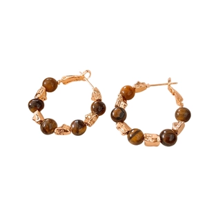 Gold plated tiger eye beaded hoop earrings with vintage hammered metal texture