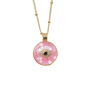 Pink shell evil eye necklace with gold chain and white cubic zirconia accents
