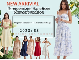 Detailed collage of floral and solid sundresses with heart-shaped necklines and side slits