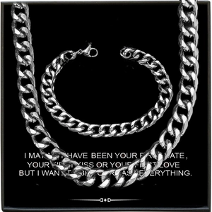Polished silver Cuban link necklace and bracelet set with greeting card in gift box