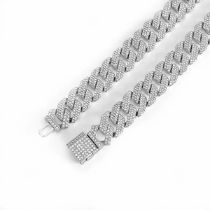 15mm silver hip hop Cuban link chain necklace with square buckle and paved rhinestones