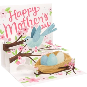 3D Mother's Day popup card featuring a cherry blossom tree, blue bird and nest with eggs