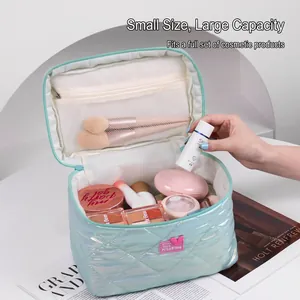 Light blue iridescent quilted makeup bag with large capacity and double zipper design