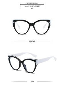 Detail views showing front and side profile of black and white cat-eye sunglasses frames