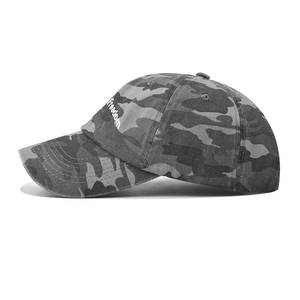 Distressed camo baseball cap with Freedom embroidery and curved brim in grey-black