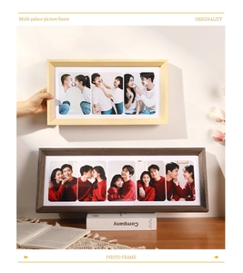 Detail of solid wood multi-photo frames in light and dark finishes for desktop decor