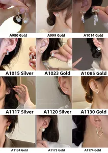 Collage showing stylish S925 silver needle pearl bow earrings on model in gold and silver