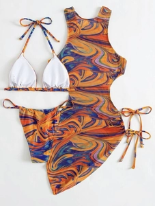 Detailed flat lay of three-piece bikini set with orange and blue marble fluid print
