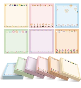 Macro detail of 6 pastel sticky note pads with floral patterns and geometric frames