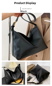 Three-way view of a large black soft leather tote bag with elegant gold hardware