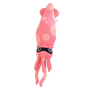 Pink plush squid toy with white dots and soft fabric for children's comfort and decor