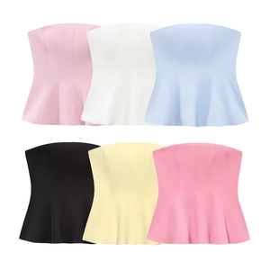 Color palette of strapless peplum knit tops in pink, white, blue, black and yellow