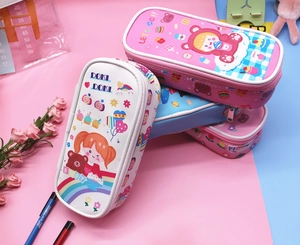 Close-up of cute cartoon waterproof pencil cases with durable zippers and kawaii prints