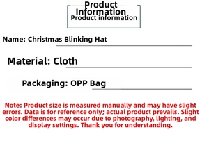Specifications for the Plush Santa Hat showing fabric material and OPP bag packaging details